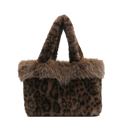 Autumn Winter Leopard Print Tote Bag Shoulder Hair Large Capacity Messenger Plush Student