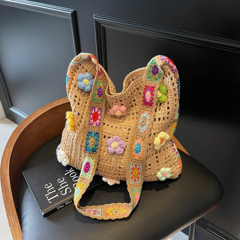 Boho Crochet Shoulder Bag – Floral Knit Large Tote