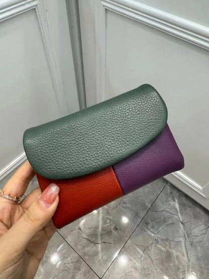 Patchwork Genuine Cowhide Leather Trifold Wallet with Magnetic Closure