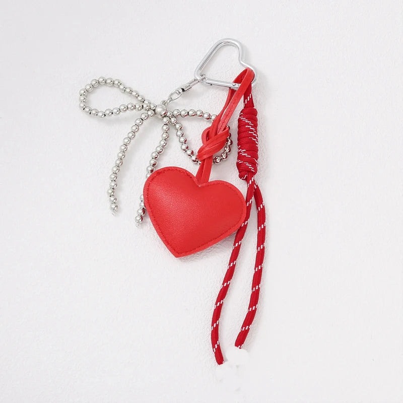 Heart Leather Rope Keychain Bag Charm with Bead Bow