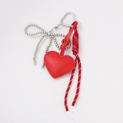 Heart Leather Rope Keychain Bag Charm with Bead Bow