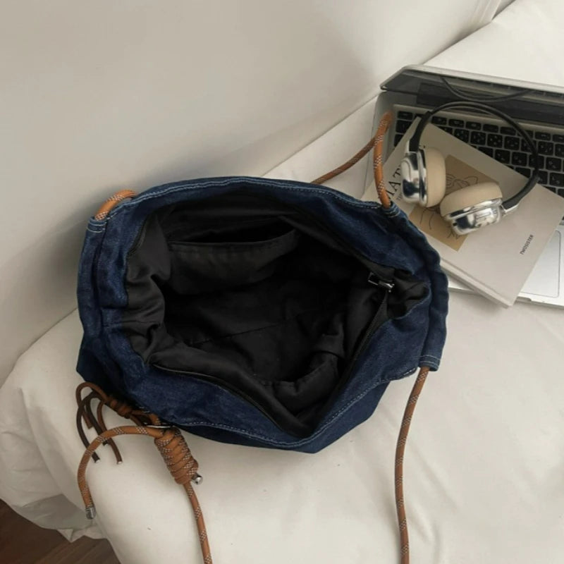 Crossbody Bag Women Vintage Washed Denim Shoulder Large Capacity Comfortable Versatile Texture Bags