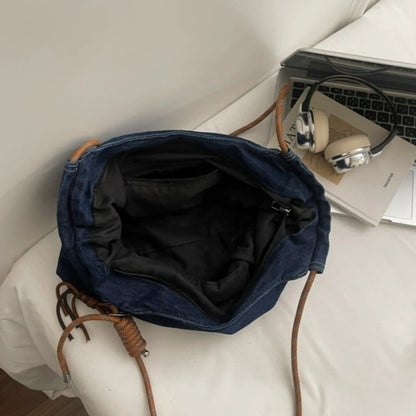 Crossbody Bag Women Vintage Washed Denim Shoulder Large Capacity Comfortable Versatile Texture Bags