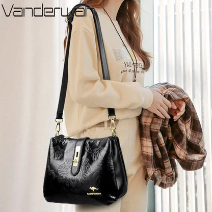 Floral Embossed Leather Women's Crossbody Shoulder Bag – 3-Layer Luxury