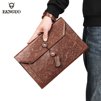 Genuine Leather A4 Document Bag – Men's Embossed Briefcase Portfolio Clutch for iPad