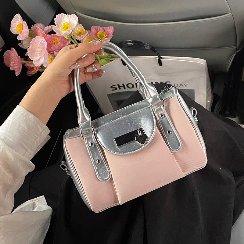 Moods Luxury Silver Trim Wave Texture Boston Bag Lady Mini Top Handle Handbag Detachable Strap