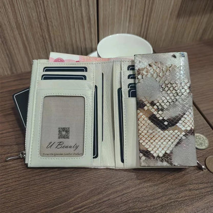 Snake Pattern Genuine Cowhide Leather Trifold Wallet for Women