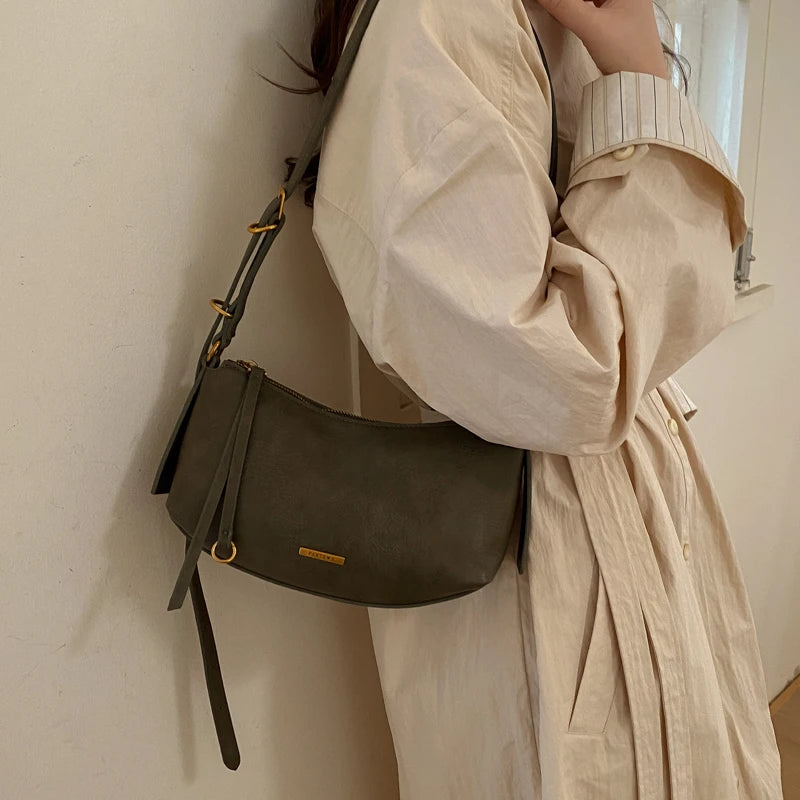 Moods Half-Moon Crossbody Bags Women Soft Vegan Leather Solid Color Underarm Shoulder Hobo Bag