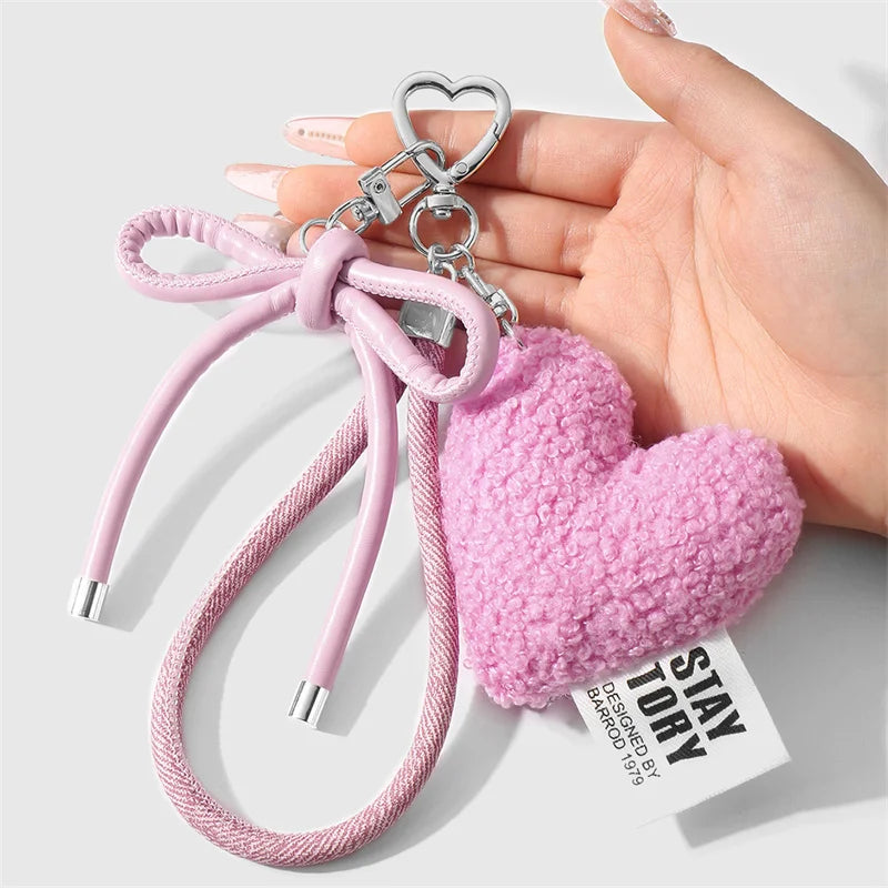 Plush Heart Keychain Bag Charm with Bow & Wrist Lanyard