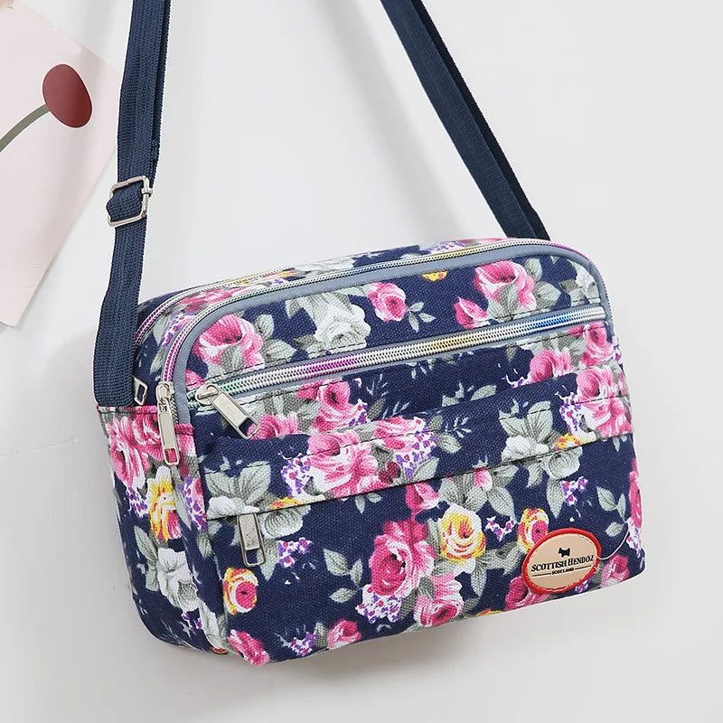 Floral Canvas Crossbody Bag for Women – Rose Print Shoulder Bag