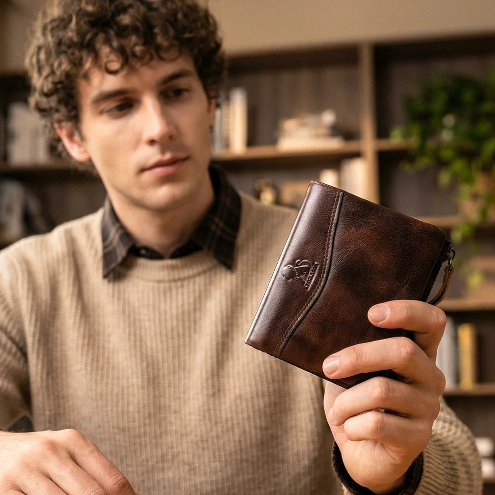 RFID Blocking Leather Wallet – Bifold with Card Slots & Zipper