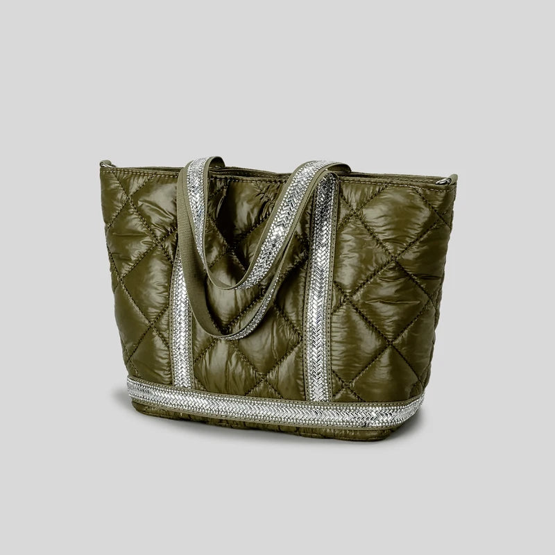 Luxury Rhinestone Puffer Tote Bag Lingge Quilted Large Padded Women Handbags Casual Nylon Shoulder