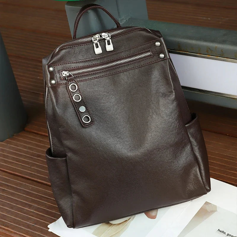 Genuine Cowhide Leather Backpack for Women – Large Capacity Retro Design