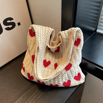 Knitted Heart Pattern Tote Bag Large Capacity for Women