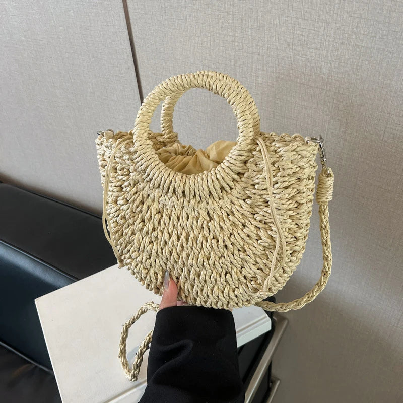Woven Straw Handbag - Women's Half Moon Rattan Shoulder Bag