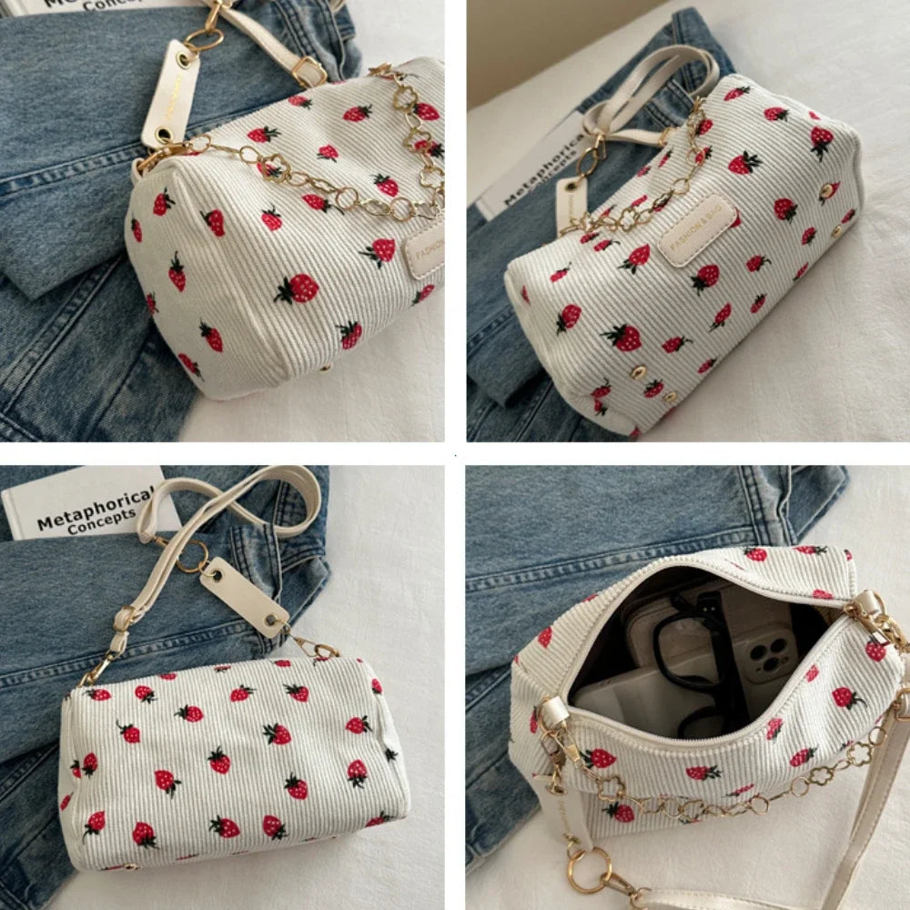 Strawberry Print Corduroy Crossbody Mini Bag for Women