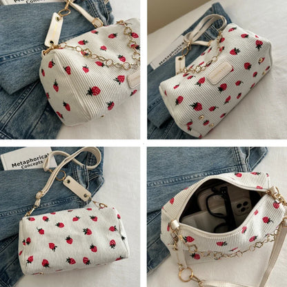 Strawberry Print Corduroy Crossbody Mini Bag for Women