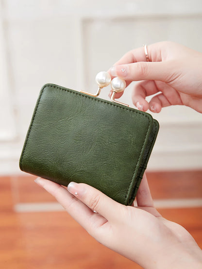 Pearl Kiss-Lock Women's Trifold Wallet – Large Capacity PU Leather