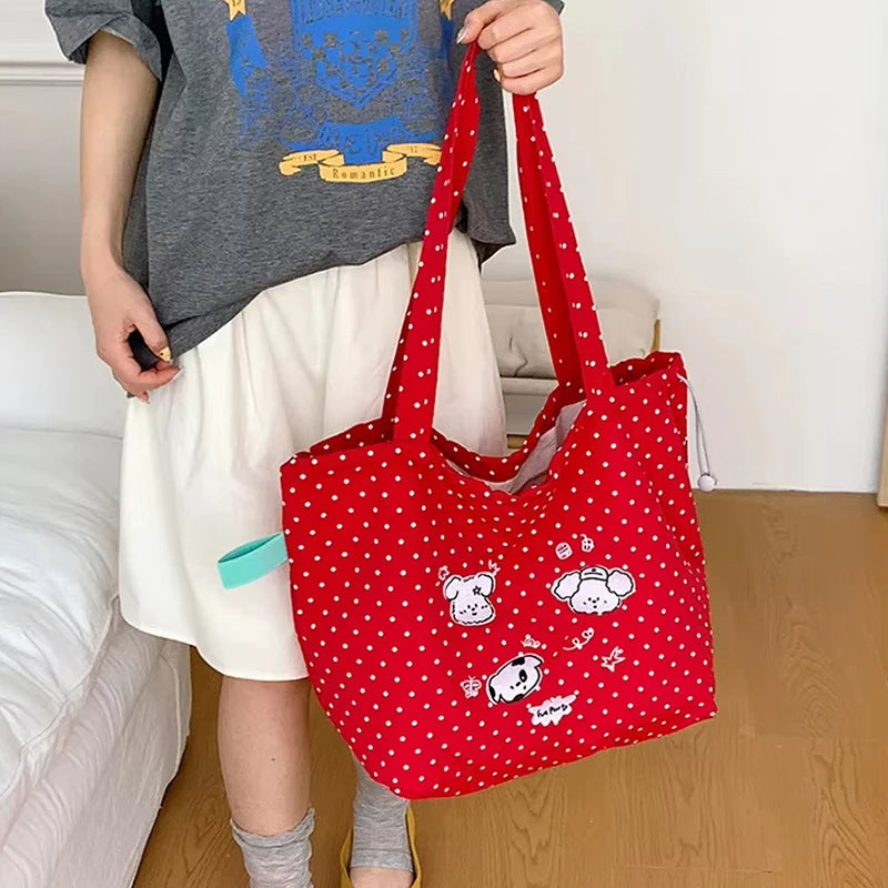 Cute Polka Dot Puppy Embroidery Shoulder Bag Cartoon Graffiti Nylon Tote Lightweight Large Capacity