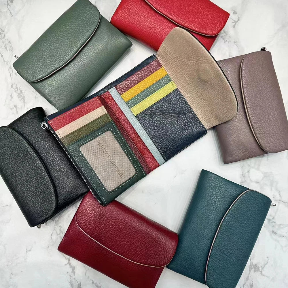 Genuine Leather Women's Short Wallet with Rainbow Interior