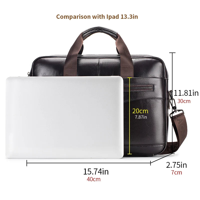 Genuine Leather Briefcase for Men – 14" Laptop Bag, Large Capacity