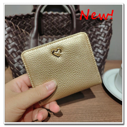 Genuine Leather Heart Charm Short Wallet for Women