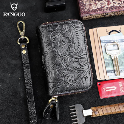 Genuine Leather Key Organizer Wallet – Floral Embossed Zipper Pouch with Wrist Strap