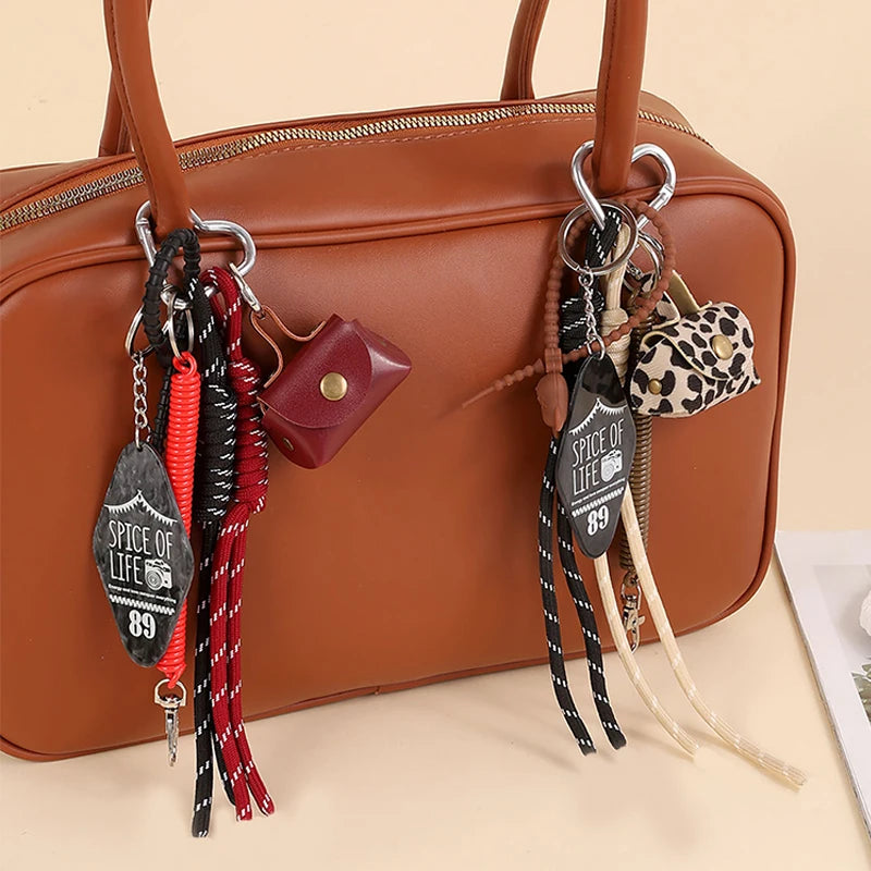 Handmade Nylon Rope Bag Charm Keychain with Mini Bag & Eiffel Tower Pendant