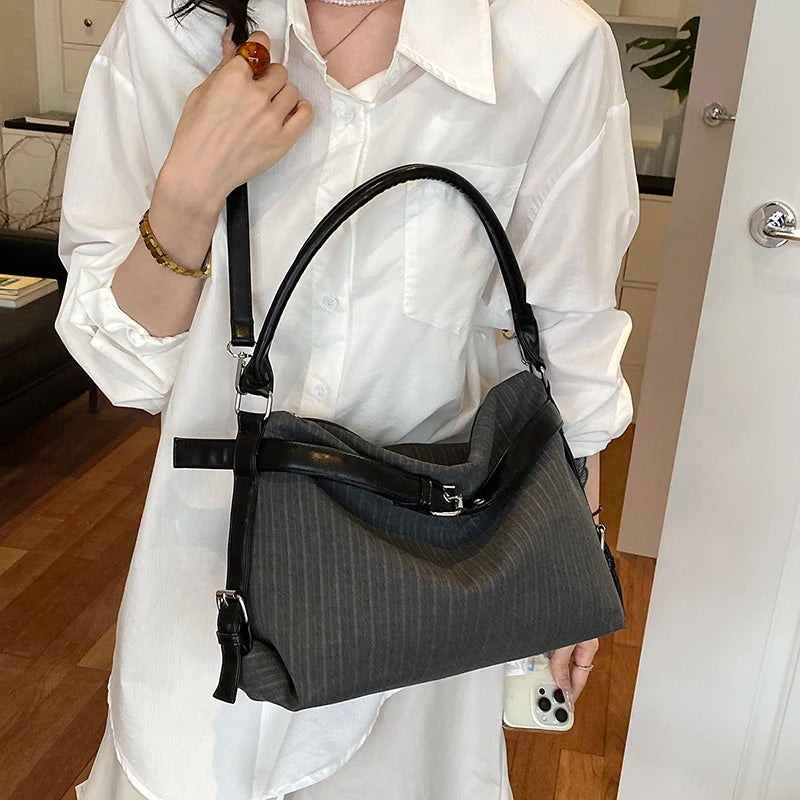 Moods Business Style Shoulder Cross Body Hobo Bags Women Cotton Fabric Striped Large Capacity