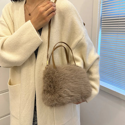 Faux Fur Tote Bag for Women – Plush Bucket Handbag with Crossbody Strap