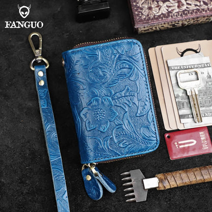 Genuine Leather Key Organizer Wallet – Floral Embossed Zipper Pouch with Wrist Strap