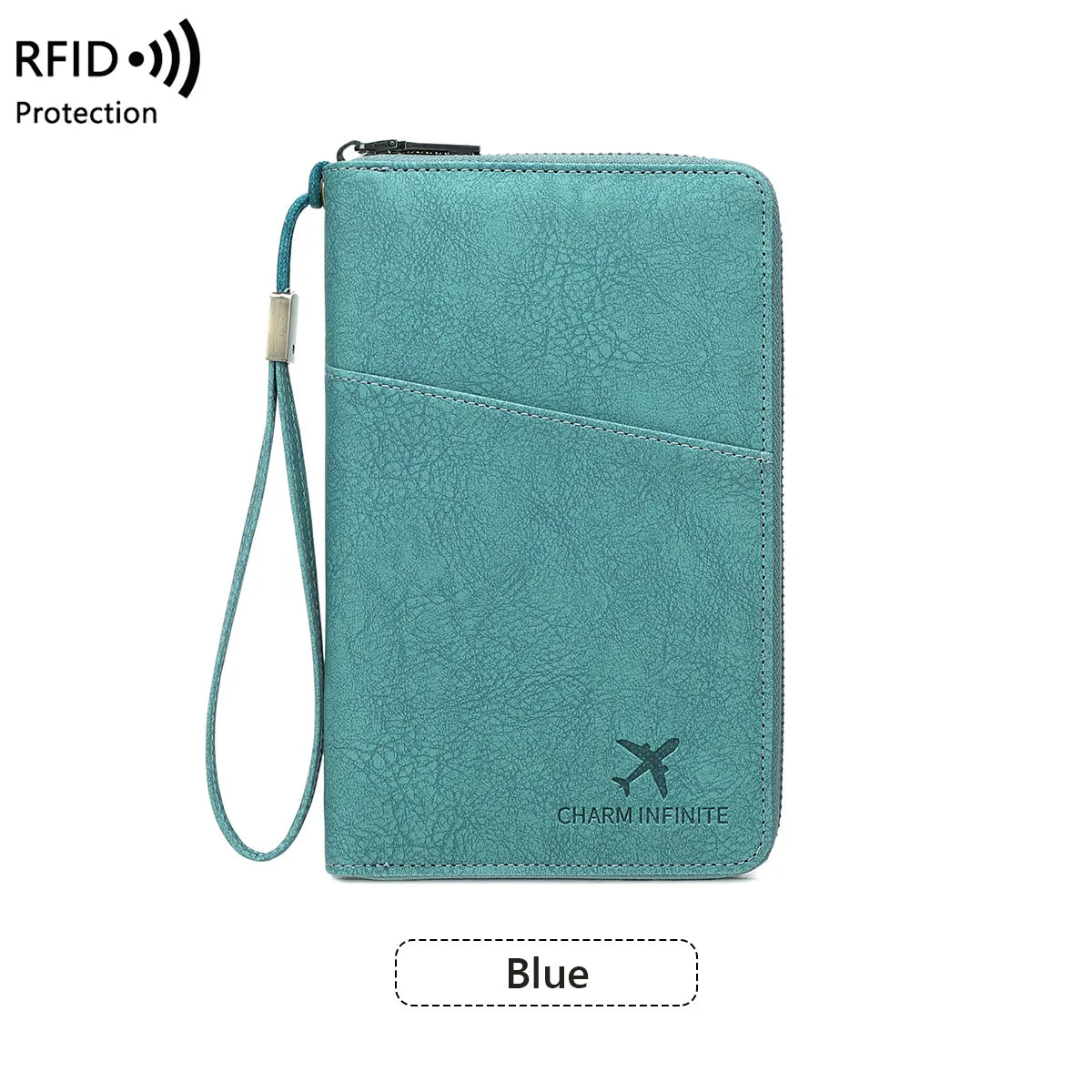 RFID Blocking Passport Wallet Travel Document Organizer with Zipper & Wrist Strap