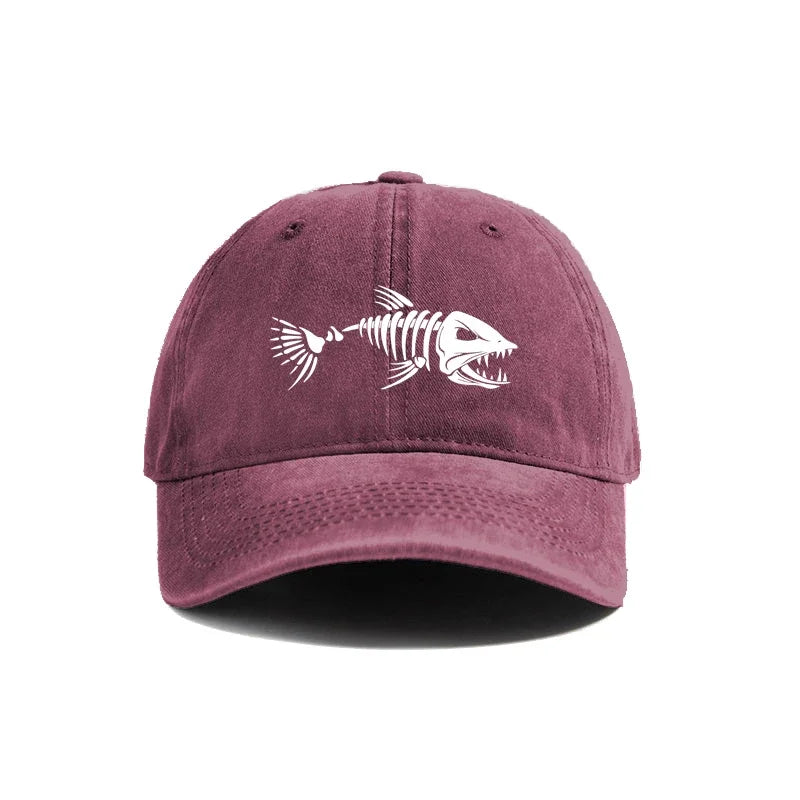 Fishbone Skeleton Baseball Cap – Distressed Dad Hat for Fishing