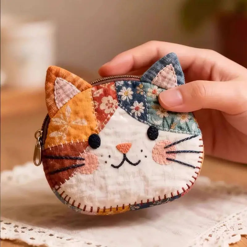 Cat Patchwork Coin Purse – Kawaii Zipper Pouch & Pen Bag