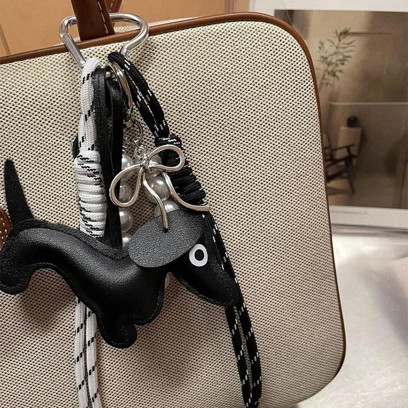 Dachshund Keychain Leather Dog Bag Charm with Braided Rope