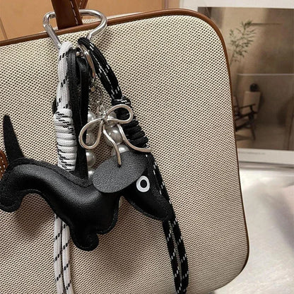 Dachshund Keychain Leather Dog Bag Charm with Braided Rope