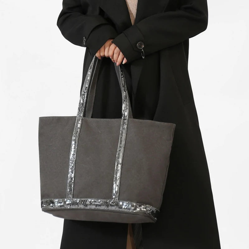 Sequin Canvas Tote Bag – Large Capacity Color-Block Handbag