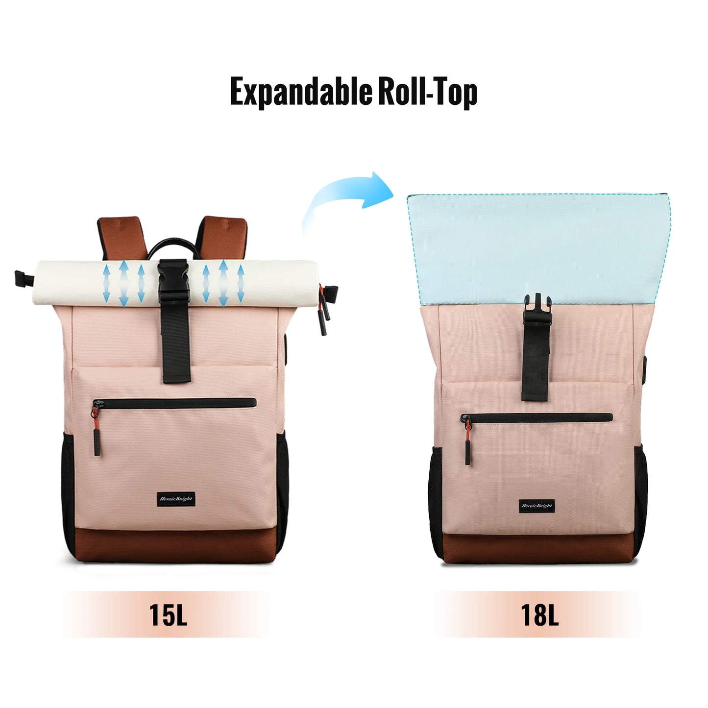 Roll-Top Laptop Backpack for Women, Waterproof Travel Bag with USB Port