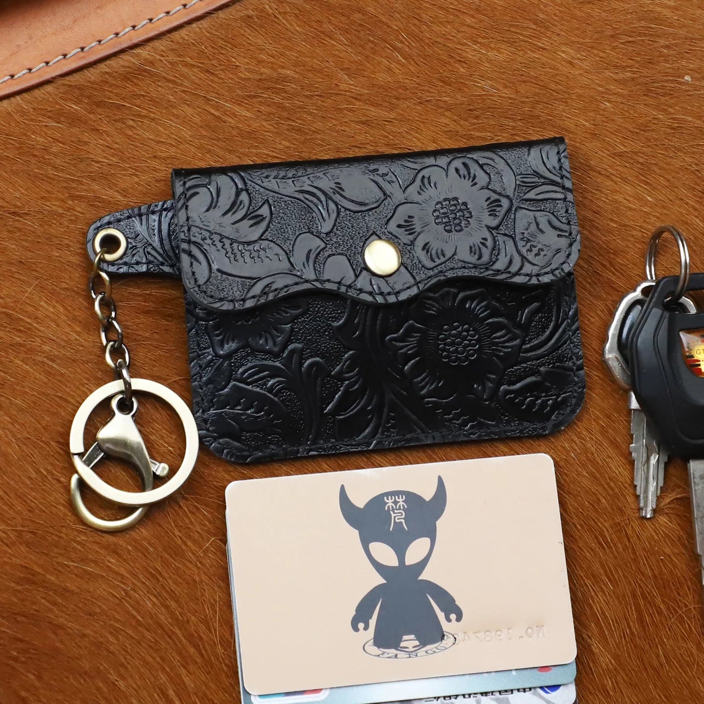 Genuine Leather Coin Purse & Card Holder Wallet with Keyring – Floral Embossed