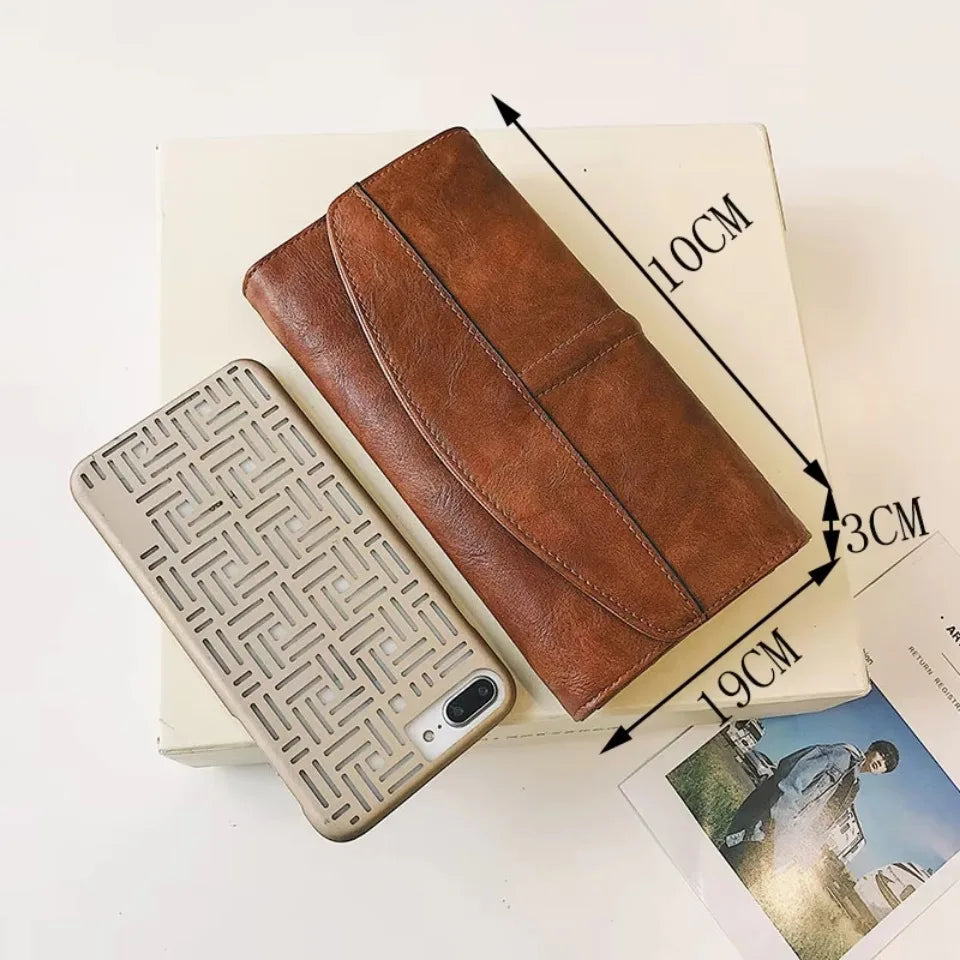 Women's Long Trifold Wallet – Vintage PU Leather Clutch Purse
