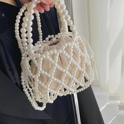 Pearl Beaded Bucket Bag – French Retro Woven Handbag