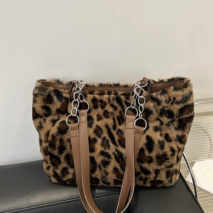 Leopard Print Fluffy Tote Bag – Women's Large Faux Fur Handbag