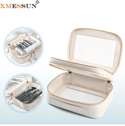 Transparent PVC Window Makeup Bag – PU Leather Travel Cosmetic Organizer