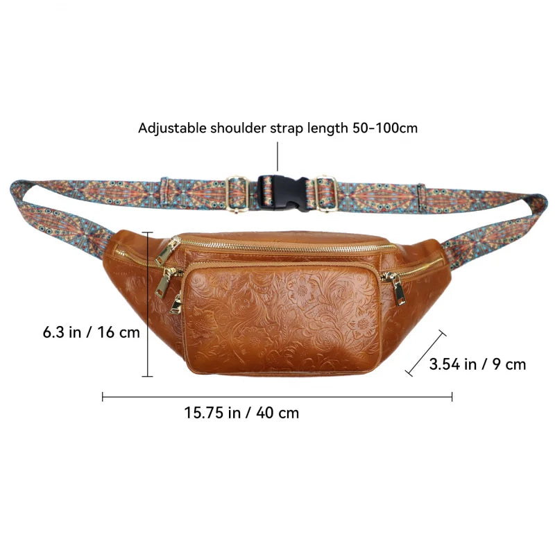 Genuine Leather Fanny Pack for Men – Floral Embossed Travel Waist Bag