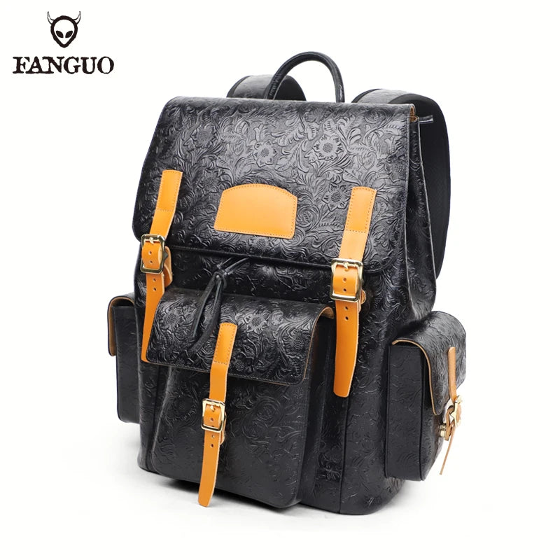 Genuine Leather Men's Backpack – Vintage Floral Embossed Laptop Bag