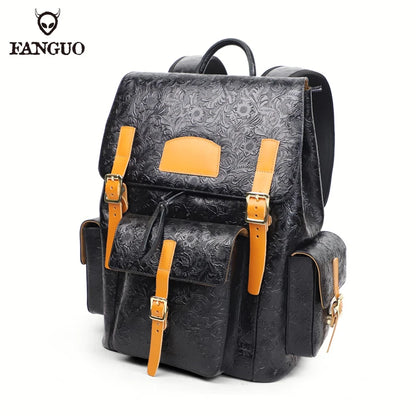 Genuine Leather Men's Backpack – Vintage Floral Embossed Laptop Bag