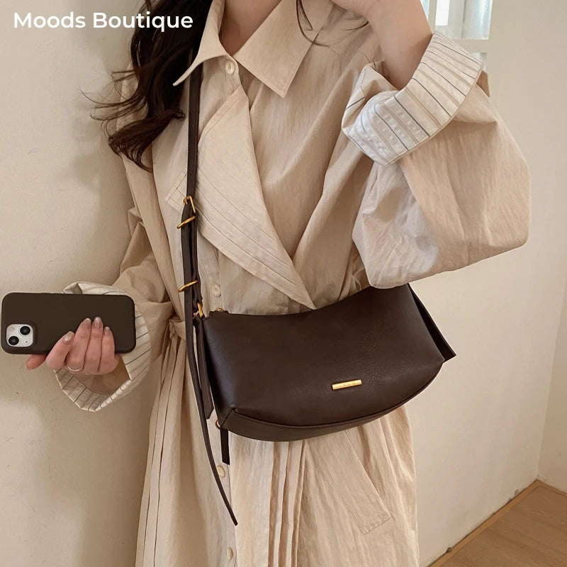 Moods Half-Moon Crossbody Bags Women Soft Vegan Leather Solid Color Underarm Shoulder Hobo Bag