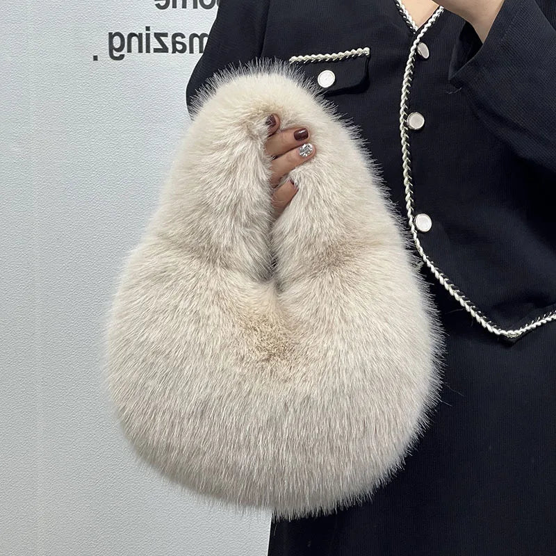 Fluffy Faux Fur Half Moon Bag – Women's Luxury Small Tote