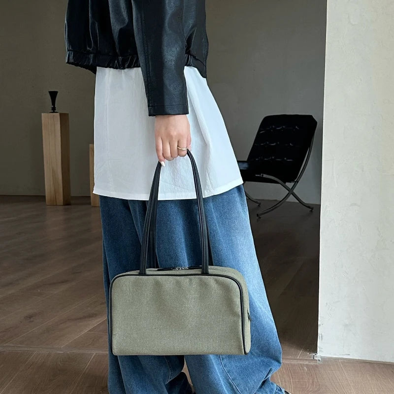 Canvas Bowling Shoulder Bag – Large Capacity Vintage Handbag with Leather Handles