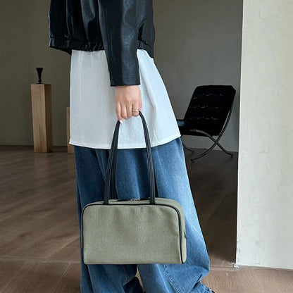 Canvas Bowling Shoulder Bag – Large Capacity Vintage Handbag with Leather Handles